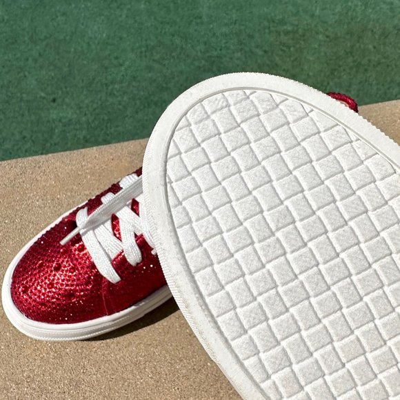 NEW🔥 Sparkling Red Rhinestone Crystal Embellished Lace Up Flat Platform Sneaker - Picture 8 of 8